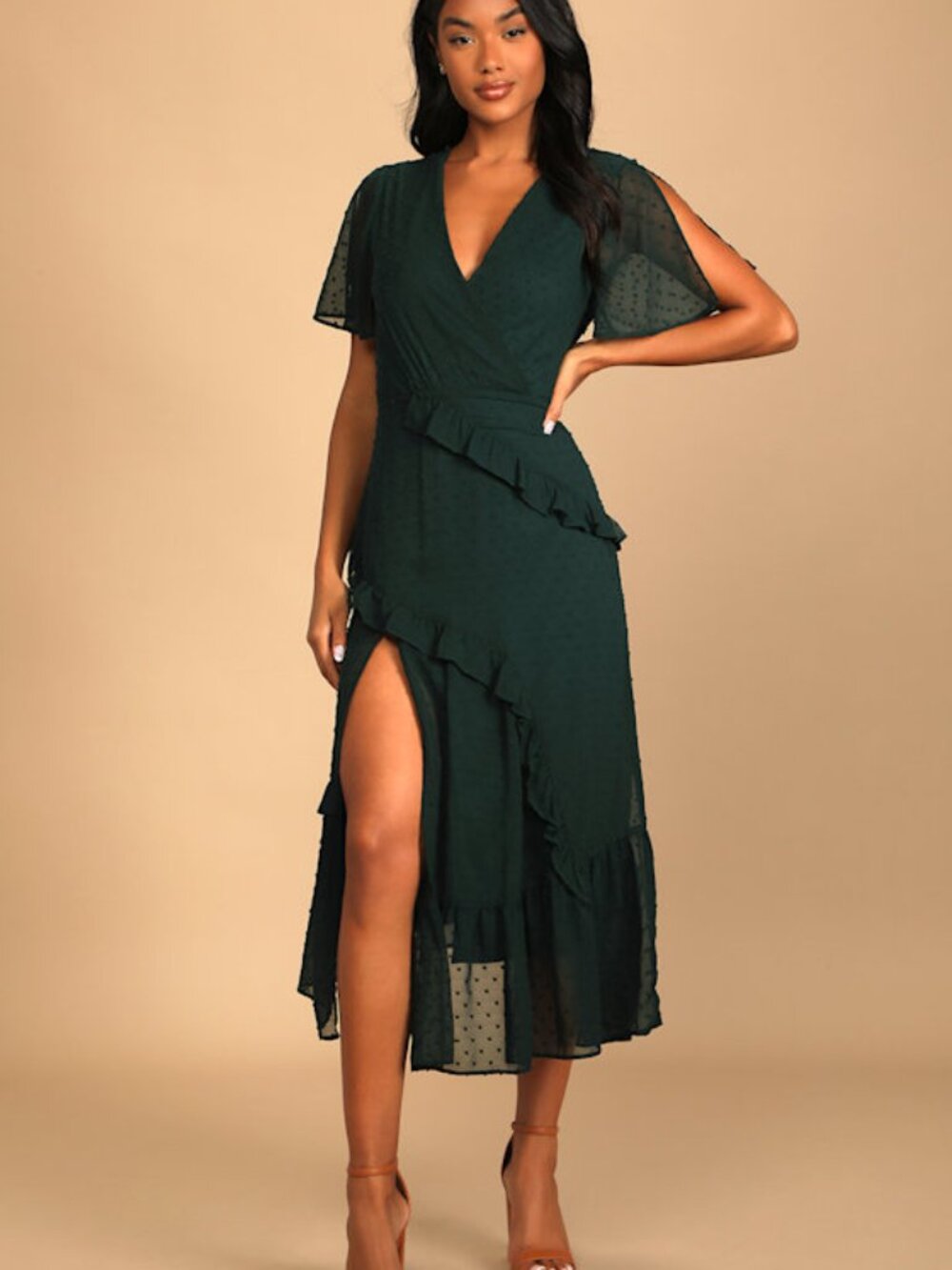 Lulus Next To You Emerald Green Swiss Dot Ruffled Midi Dress - Size L